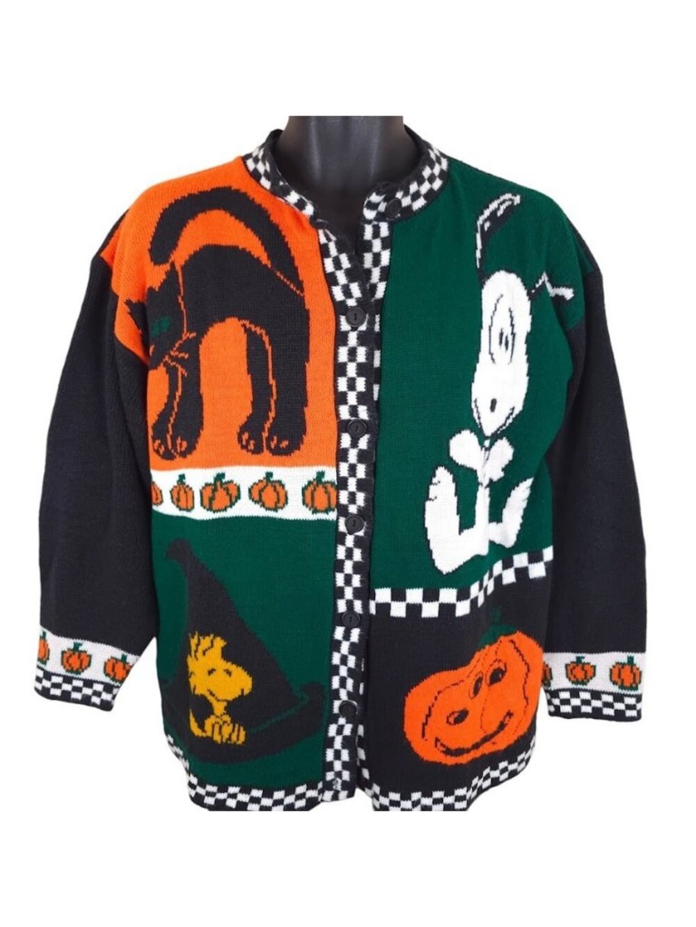 Vintage Snoopy Halloween Cardigan Sweater Womens Size Large 90s Patchwork - Picture 2 of 8